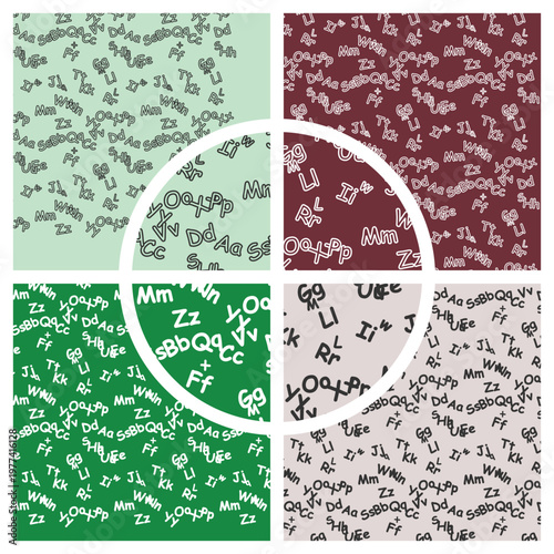 Abstract pattern featuring various alphabetic characters scattered across four distinct, softly colored quadrants, creating a whimsical and educational visual theme