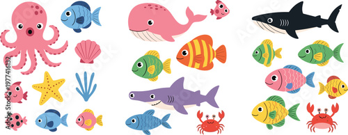 Cute underwater sea animals collection with fish shark whale octopus crab and starfish colorful cartoon vector illustration set for kids design