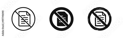No document icon set showing prohibition symbol over paper file for paperless office and digital transformation concepts