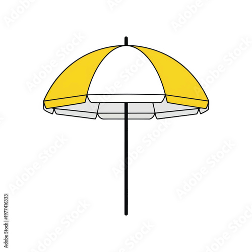 Colorful yellow and white striped beach umbrella standing tall on the shore.