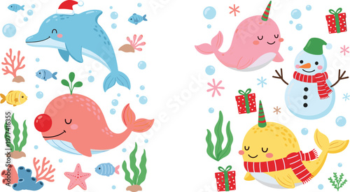 Cute winter underwater animals collection with dolphin whale fish and snowman festive cartoon vector illustration set for Christmas design