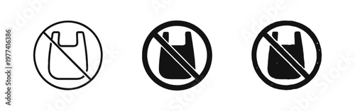 No plastic bag icon set in outline, solid, and hand-drawn styles. Zero waste and anti-pollution concept.