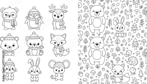 Cute winter animals coloring page collection with bear fox rabbit and forest elements black and white vector illustration for kids activity