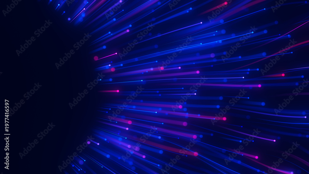 Fototapeta premium Closeup of Big data light speed flow outwards left side. Abstract digital data stream of quantum computing. Cyberspace of qubit trail waves. Modern tech information transmission. Ai neural network