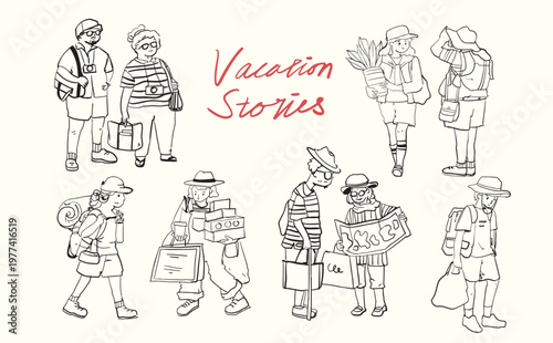 Hand Drawn Travel People Collection in Clean Line Art Style Featuring relatable tourist moments like exploring, shopping, and navigating scenes. Perfect for travel themes, summer projects,  lifestyle 