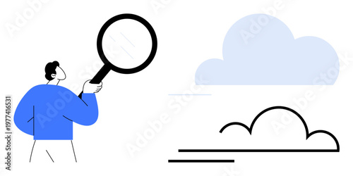 Data analysis, search systems, cloud storage, technology research, information tracking, digital insights. Person with magnifying glass examining cloud shape. Data analysis and search systems concept