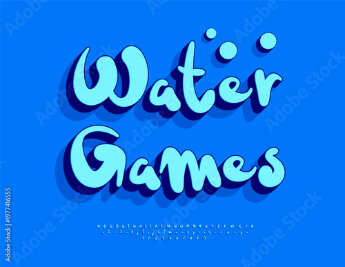 Vector Playful sign Water Games. Funny Blue Font. Amazing 3D Alphabet Letters and Numbers set.