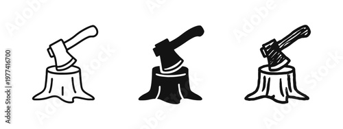 Axe in tree stump icon set in outline, solid, and hand-drawn styles. Deforestation and woodcutting concept.