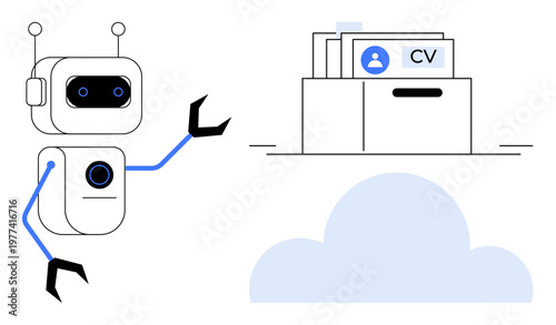 AI recruiting. AI selecting candidates with CV storage in the cloud. AI-driven hiring boosting efficiency in the recruitment process. For HR tech, automation, cloud tools, data analysis, innovation