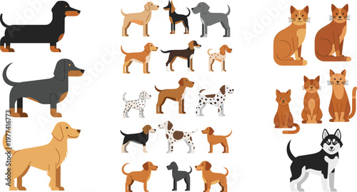 Dog and cat cartoon collection vector illustration with different breeds and poses, adorable domestic pets set for kids design, animal themes and veterinary projects
