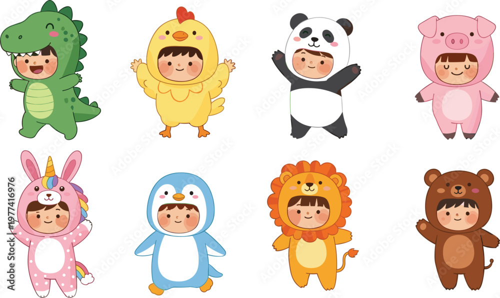 Fototapeta premium Cute Little Children In Animal Costumes Vector Set Featuring Dinosaur Chicken Panda Pig Unicorn Penguin Lion And Bear For Party And Fancy Dress Graphic Designs