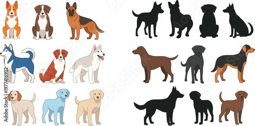 Dog breeds collection vector illustration with realistic and silhouette styles, different canine types set for pet design, veterinary themes and animal identification