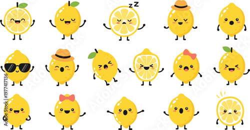 Large set of cute kawaii lemon fruit characters with different facial expressions and accessories like 