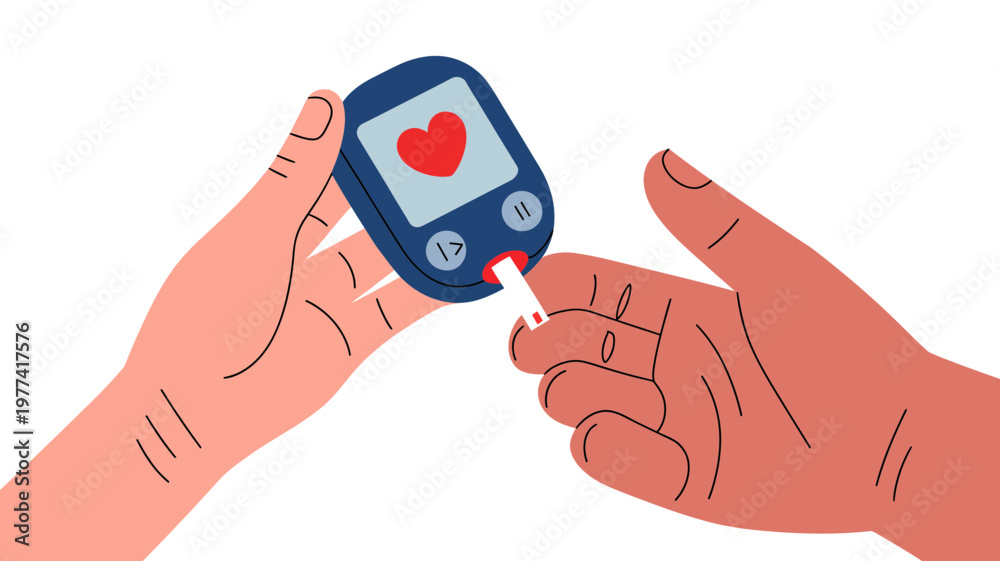 Fototapeta premium Hands are shown with a blood glucose meter and a test strip, demonstrating the action of taking a blood sample.