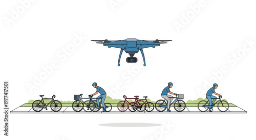 Cyclists riding bicycles on bike lane with drone overhead surveillance