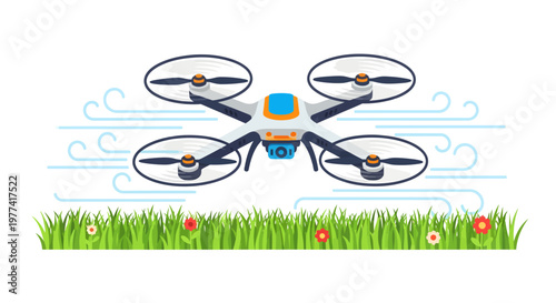 Drone flying over green grass with flowers, blue sky and wind