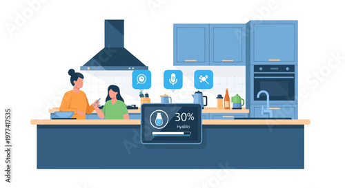 Smart kitchen with people cooking and video tutorial on screen