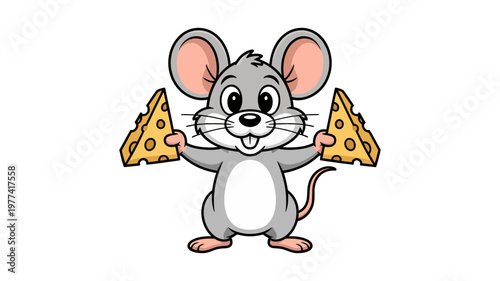 A cheerful cartoon gray mouse holding two large pieces of Swiss cheese with enthusiasm.