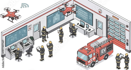 Modern Fire Station Command Center with Electric Fire Truck and Surveillance Drones Isometric Illustration