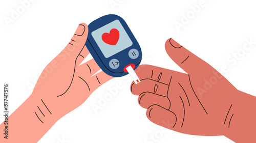 Hands are shown with a blood glucose meter and a test strip, demonstrating the action of taking a blood sample.