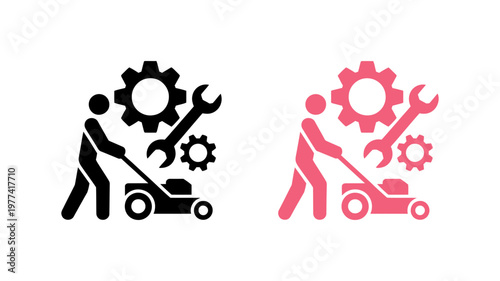 Illustration shows a person mowing a lawn with tools in the background.