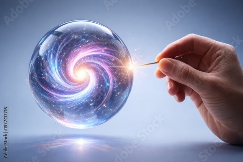 Hand holding glowing cosmic crystal ball with swirling galaxy nebula and stardust effect