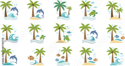 Vector set of tropical beach scene icons featuring palm trees dolphins sea turtles and colorful ocean fish with waves and bubbles for summer vacation travel and 