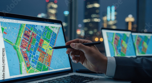 Young Hispanic GIS Specialist Analyzes Urban Cadastre Map 