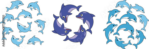 Dolphin circle composition vector illustration with swimming marine animals, playful ocean mammals arranged in circular shapes for logo, design and aquatic themes