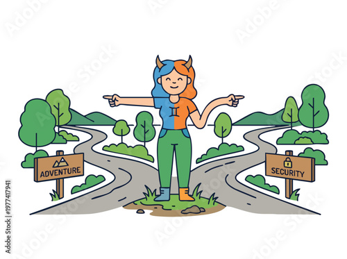 Woman at Crossroads Choosing Between Adventure and Security.