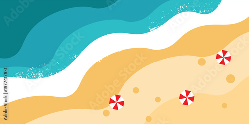 Peaceful top-down aerial view of a sandy beach featuring a red and white umbrella and foamy turquoise ocean waves lapping the shore. Vektor illustration eps 10