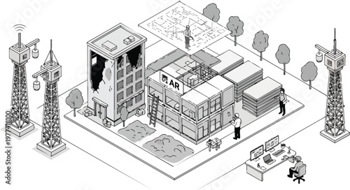 Isometric Construction Site with Augmented Reality AR Technology for Urban Building Renovation, Smart City Planning, and Digital Architecture Vector Illustration