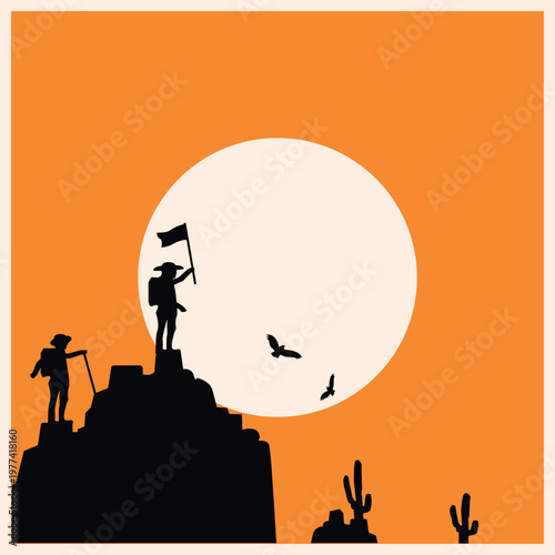 desert, hiking, silhouette, mountain, climber, adventure, sunset, landscape, travel, exploration, cactus, desert landscape, minimal, minimalism, vector, illustration, outdoor, journey, trekking, succe