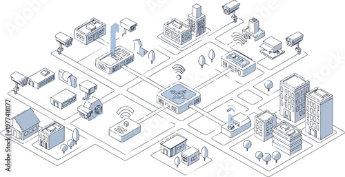Isometric Smart City IoT Network with CCTV Surveillance Cameras, Wireless Connectivity, and Urban Infrastructure Data Flow Concept