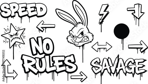 Set of 9 Bold and Edgy Icons Featuring Speed, Arrows, Lightning, and a Fierce Rabbit for Urban and Street Style Designs