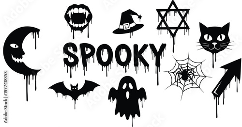 Set of 10 Halloween Icons Featuring Spooky Symbols, Ghosts, Bats, and Creepy Designs for Dark and Eerie Projects