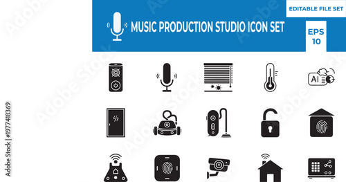 Music Production Studio and Smart Home Security Icon Set, Professional Audio Equipment, Soundproof Room, AI Technology, and Home Automation Vector Icons.