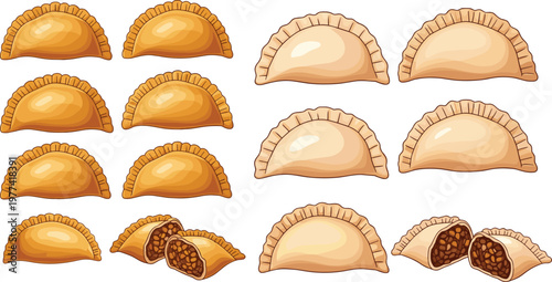Empanadas and pastry collection vector illustration with baked and fried stuffed pies, delicious snack set for food design, street food and bakery themes