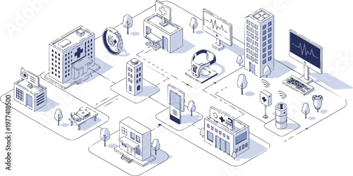 Isometric Smart Healthcare and Medical Ecosystem Illustration with Connected Hospitals, Wearable Devices, and Telemedicine Technology for Digital Health Infrastructure