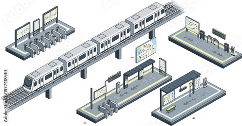 Isometric Subway Train and Metro Station Infrastructure Elements for Urban Public Transport System Design