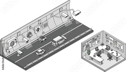 Smart City Traffic Surveillance System with Highway CCTV Cameras and Control Room Monitoring Center Isometric Line Art Illustration