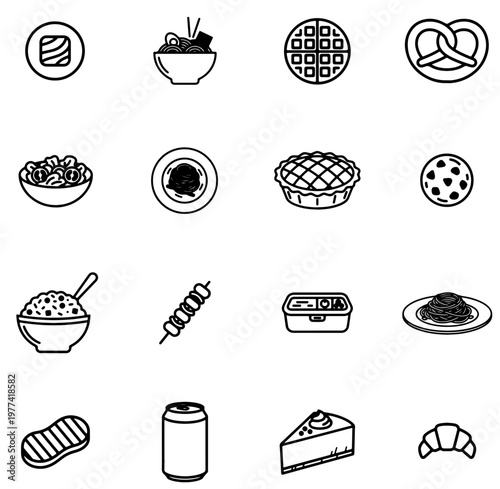 A comprehensive collection of diverse minimalist line art food icons, featuring popular dishes, snacks, and beverages for culinary menus and design projects
