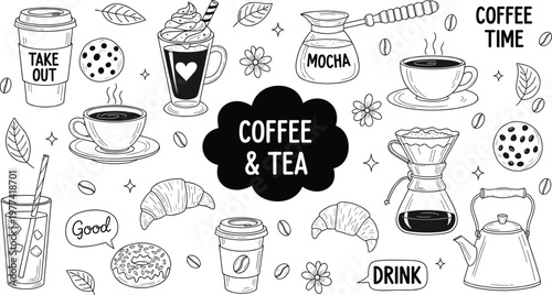 Set of 16 Coffee and Tea Icons with Cups, Donuts, Croissants, and Fun Phrases for Café and Beverage Designs