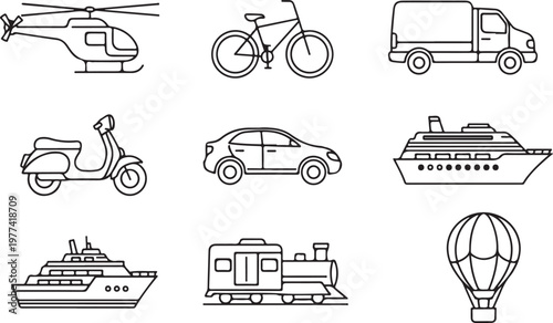 Vector illustrations of various transportation vehicles and modes of travel