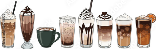 Set of 8 Iced and Hot Coffee Drinks with Whipped Cream, Chocolate, and Ice for Beverage Lovers and Café Designs