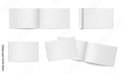 Vector mockup of paperback horizontal magazine with white cover isolated. Set of realistic softcover notebook, brochure or booklet template opened and closed on white background.