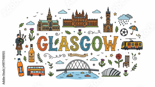 Glasgow Cityscape Doodle Art - Scotland Travel Landmark Collection