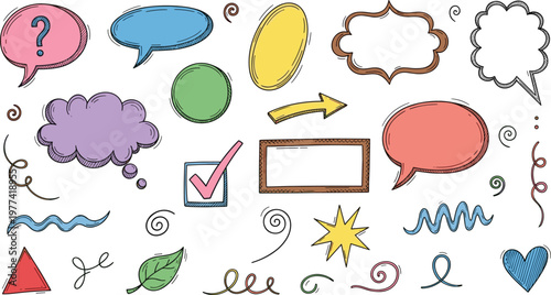 Set of 24 Hand-Drawn Doodle Speech Bubbles, Arrows, and Symbols with Checkmarks and Decorative Elements for Fun Designs