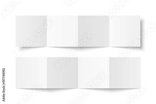 Vector white blank square four panel accordion fold opened on white background. Concertina fold, leaflet, brochure, booklet, flyer or invitation card mockup. Mock up front and back side isolated.