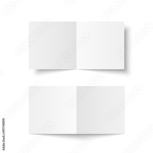 Vector white blank square bi fold opened on white background. Bifold, leaflet, brochure, booklet, flyer or invitation card mockup. Mock up front and back side isolated